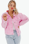 Pink Acid Wash Button Flap Pocket Denim Jacket-Outerwear-MomFashion