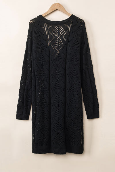 Black Hollow-out Openwork Knit Cardigan-Tops-MomFashion