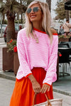 Pink Contrast Trimmed Striped Drop Shoulder Sweater-Tops-MomFashion