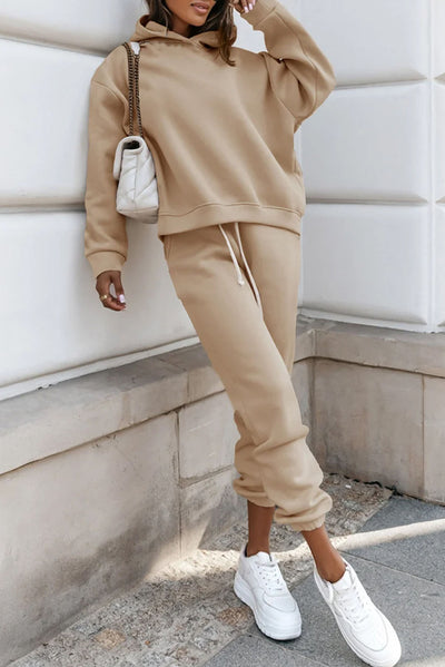 Pale Khaki Chunky Two-piece Hooded Sweatsuit-Loungewear-MomFashion