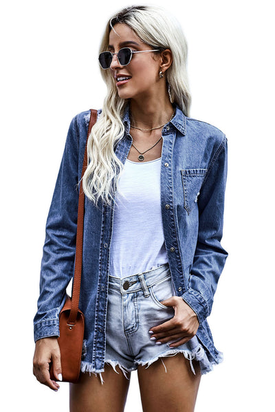 Blue Ripped Denim Jacket-Outerwear-MomFashion