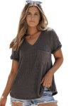 Carbon Grey Twist Short Sleeve Corded V Neck Top-Tops-MomFashion