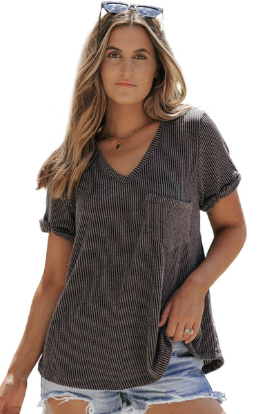 Carbon Grey Twist Short Sleeve Corded V Neck Top-Tops-MomFashion