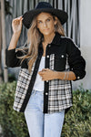 Black Plaid Patchwork Raw Hem Denim Jacket-Outerwear-MomFashion