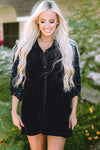 Black Sequin Puff Sleeve Buttoned Velvet Peplum Shirt-Tops-MomFashion