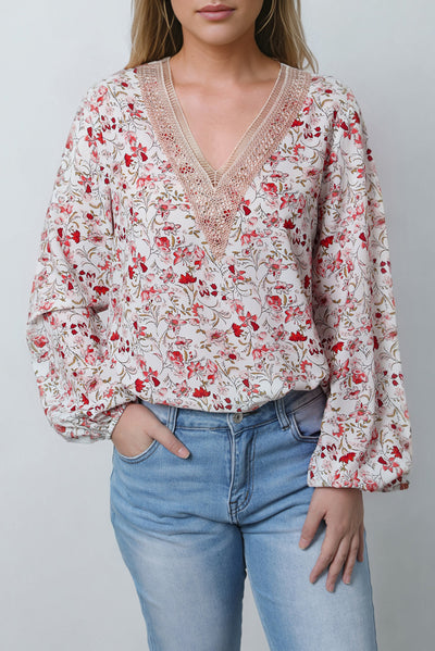 White Floral Long Sleeve Lace V-Neck Blouse-Tops-MomFashion