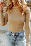 Khaki Ribbed Knit High Neck Long Sleeve Top-Tops-MomFashion