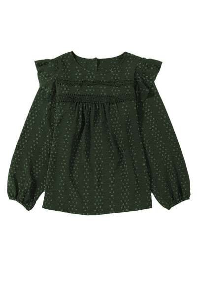 Blackish Green Lace Eyelet Ruffle Shoulder Long Sleeve Blouse-Tops-MomFashion