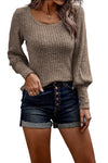 Camel Ribbed Bishop Sleeve Round Neck Top-Tops-MomFashion