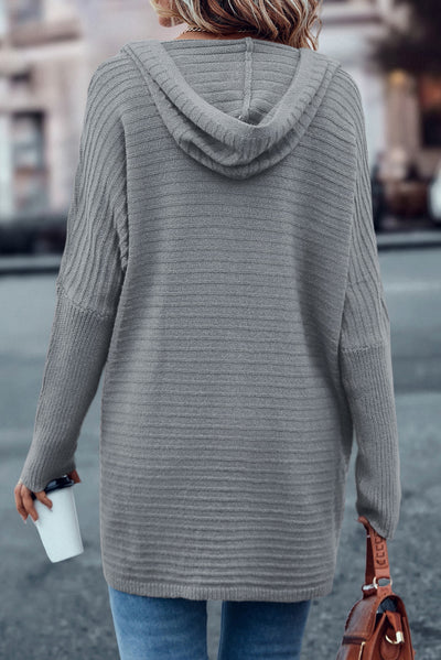 Gray Horizontal Rib Knitted Open Front Hooded Cardigan-Tops-MomFashion