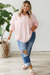 Pink Flap Pocket Tab Sleeve Button-Down Plus Size Shirt-Plus Size-MomFashion