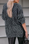 Gray Leopard Print Button Split Neck Waffle Sweatshirt-Tops-MomFashion