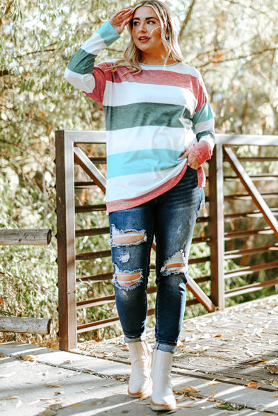 Green Plus Size Colorblock Pullover Top-Plus Size-MomFashion