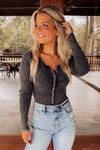 Black Mineral Wash Ribbed Snap Buttons Long Sleeve Bodysuit-Tops-MomFashion