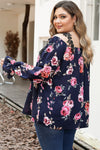 Navy Blue Plus Size Crochet Detail Cold shoulder Floral Blouse-Plus Size-MomFashion