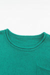 Green Solid Color Off Shoulder Rib Knit Sweater with Pocket-Tops-MomFashion