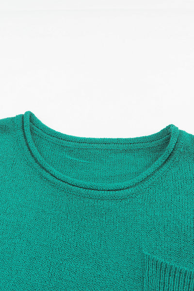 Green Solid Color Off Shoulder Rib Knit Sweater with Pocket-Tops-MomFashion