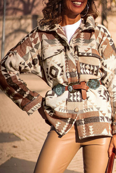 Brown Aztec Print Flap Pocket Button-up Jacket-Outerwear-MomFashion