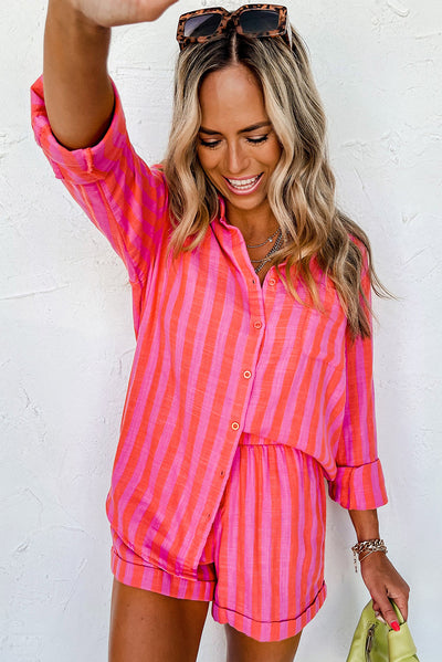 Orange Striped Print Collared Neck Shirt and Shorts Set-Loungewear-MomFashion