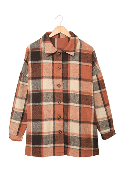 Orange Plaid Print Buttoned Shirt Jacket-Outerwear-MomFashion