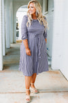 Gray Striped Tie Waist 3/4 Sleeve Plus Size Dress-Plus Size-MomFashion