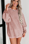 Pink Solid Ribbed Knit Round Neck Pullover Sweatshirt-Tops-MomFashion