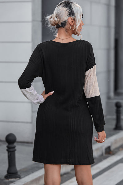 Black Ribbed Color Block Drop Shoulder Long Sleeve Mini Dress-Dresses-MomFashion