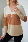 Orange Striped Color Block Henley Top-Tops-MomFashion