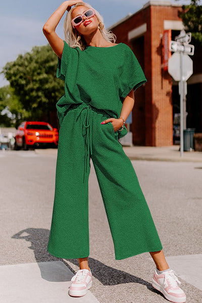 Dark Green Textured Loose Fit T Shirt and Drawstring Pants Set-Loungewear-MomFashion