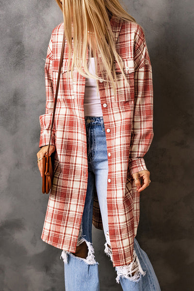 Fiery Red Plaid Print Button Long Shacket-Outerwear-MomFashion