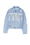 Sky Blue Sequin Embellished Fringe Distressed Denim Jacket-Outerwear-MomFashion