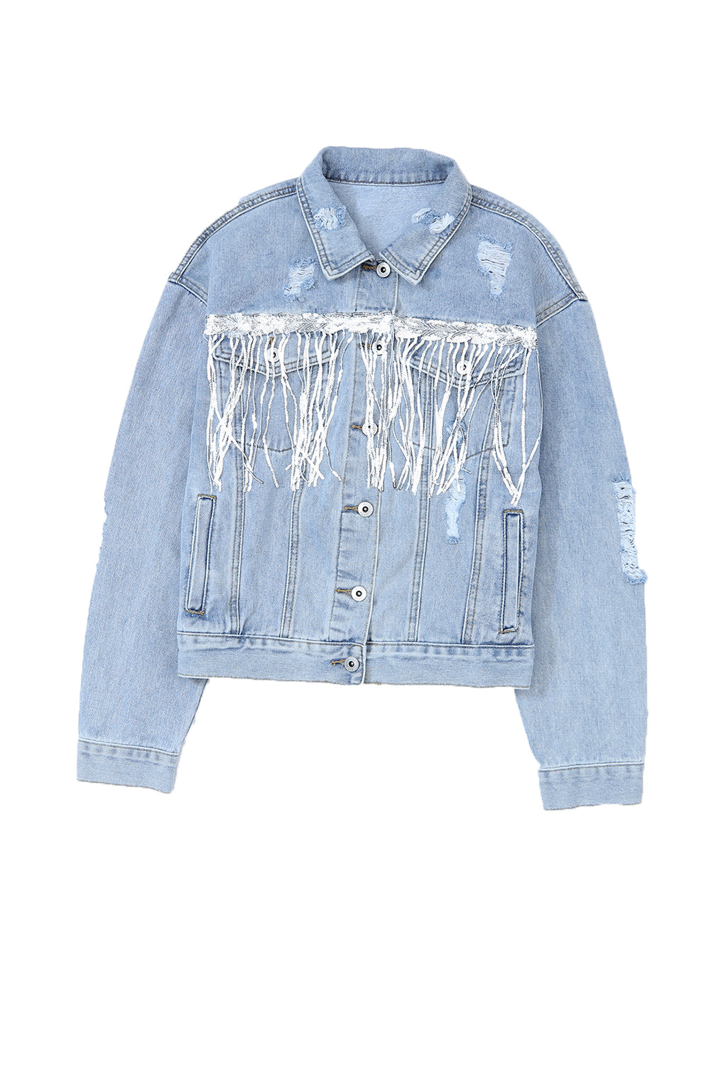 Sky Blue Sequin Embellished Fringe Distressed Denim Jacket-Outerwear-MomFashion