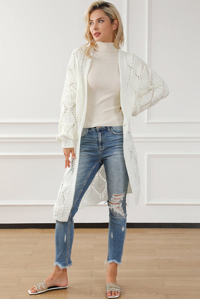 White Rhombus Hollowed Knit Open Front Cardigan-Tops-MomFashion