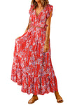 Fiery Red Multicolor Floral Ruffled Crop Top and Maxi Skirt Set-Dresses-MomFashion