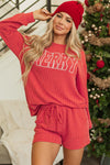 Racing Red Corded MERRY Graphic Long Sleeve Top and Shorts Set-Two Piece Sets/Short Sets-MomFashion