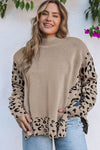 Khaki Plus Size Leopard Patchwork High Neck Sweater-Plus Size-MomFashion