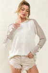 White Exposed Seam Textured Patch Buttoned Sleeve Top-Tops-MomFashion