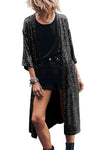 Black Sequin 3/4 Sleeve Open Front Duster Kimono-Outerwear-MomFashion