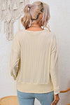 Apricot Ribbed Texture Lace Trim V Neck Long Sleeve Top-Tops-MomFashion