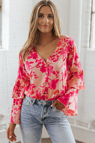 Pink Floral Print Tiered Bell Long Sleeve Buttoned Bodysuit-Tops-MomFashion