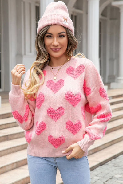 Light Pink Valentine’s Day Heart Jacquard Knit Sweater-Tops-MomFashion