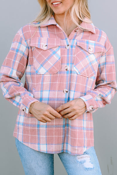 Pink Plaid Flap Pocket Flannel Shacket-Outerwear-MomFashion