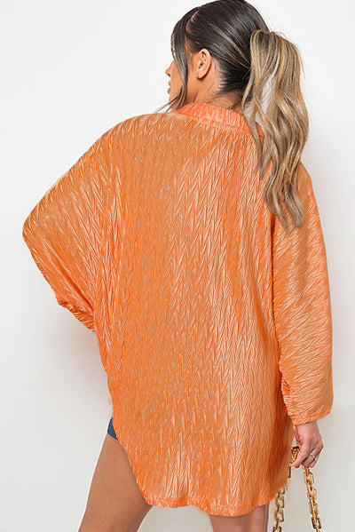 Grapefruit Orange Solid Color Crinkled Wide Sleeve Button up Shirt-Tops-MomFashion