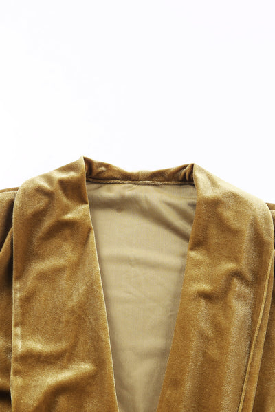 Yellow Velvet Open Front Pocketed Long Duster-Tops-MomFashion