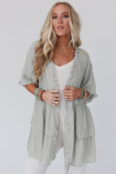 Gray Ruffled Trim Half Sleeve Open Front Kimono-Outerwear-MomFashion