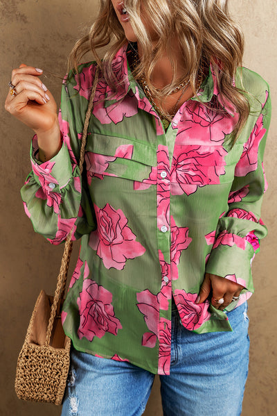 Green Floral Print Pleated Detail Puff Sleeve Shirt-Tops-MomFashion