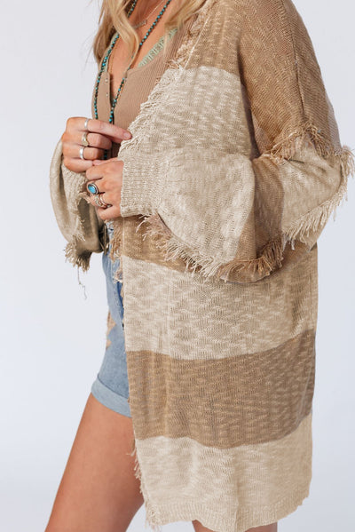 Khaki Stripe Lantern Sleeve Fringed Open Cardigan-Tops-MomFashion