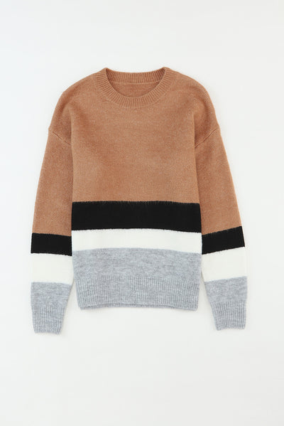 Brown Color Block Striped Ribbed Knit Sweater-Tops-MomFashion