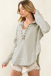 White Striped Thumbhole Drop Shoulder V Neck Top-Tops-MomFashion