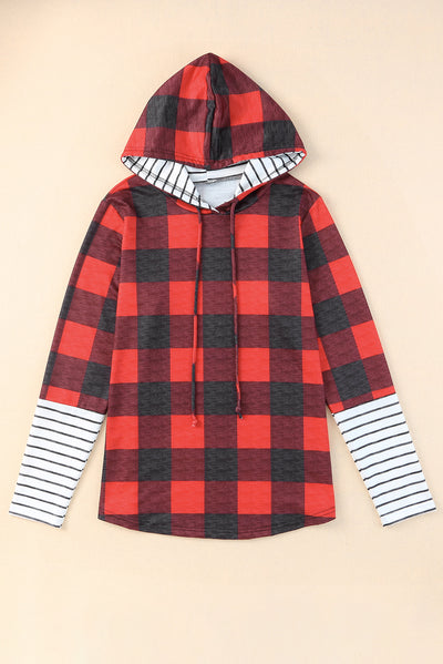 Fiery Red Christmas Plaid Striped Patchwork Drawstring Hoodie-Tops-MomFashion